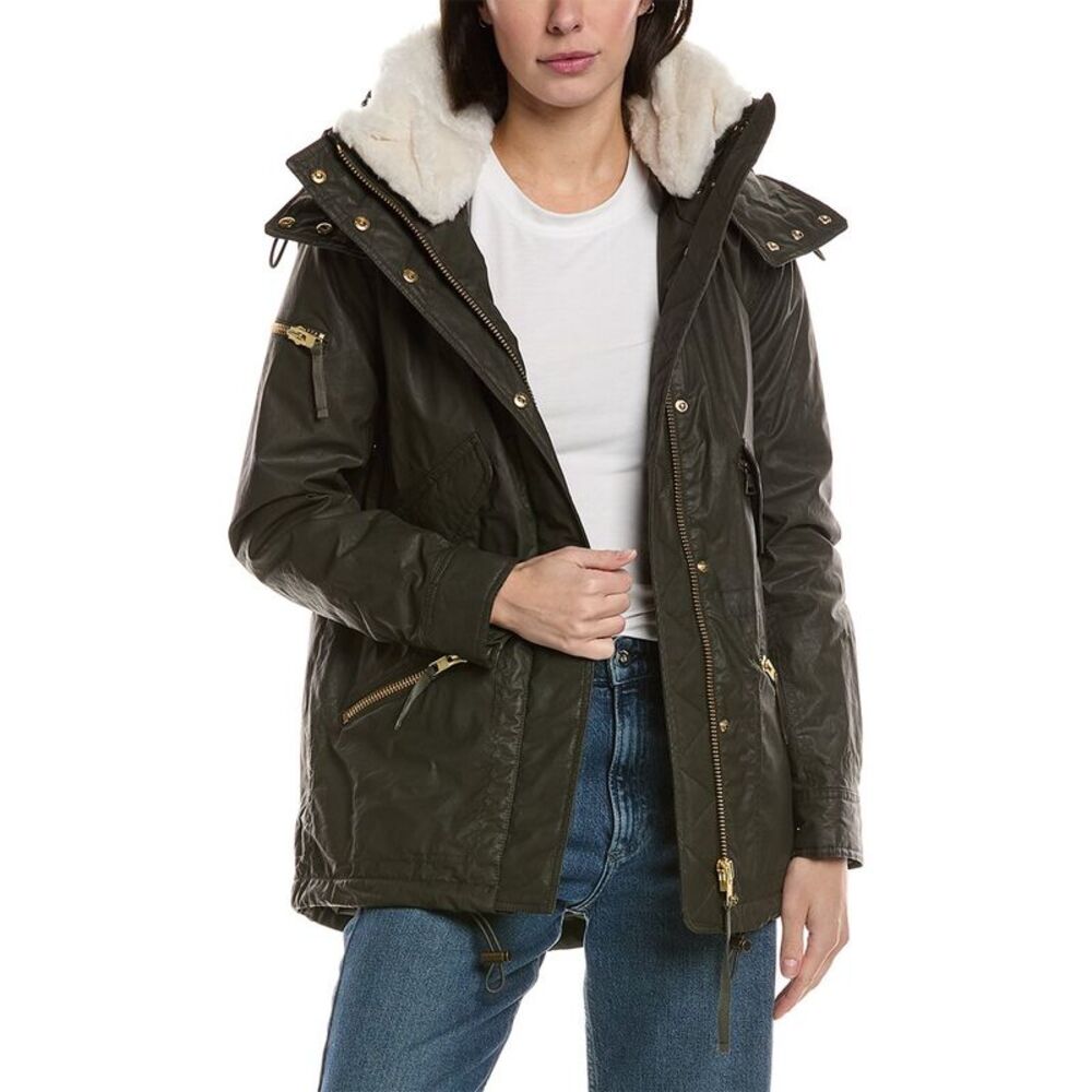 Sam. Womens Devon Shearling-Trim Coat, Grey - Picture 1 of 3